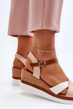 Sandały Na Koturnie Z Paskami Beżowe Kioda