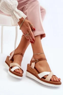 Sandały Na Koturnie Z Paskami Beżowe Kioda