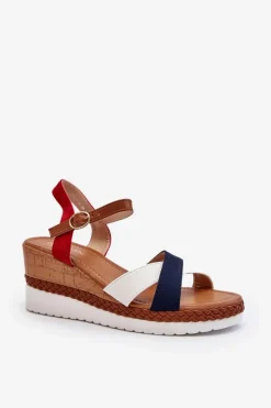 Sandały Na Koturnie Z Paskami Biało-Granatowe Kioda