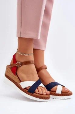 Sandały Na Koturnie Z Paskami Biało-Granatowe Kioda