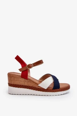 Sandały Na Koturnie Z Paskami Biało-Granatowe Kioda