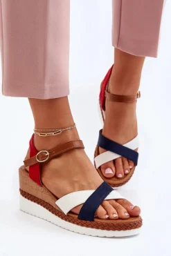 Sandały Na Koturnie Z Paskami Biało-Granatowe Kioda