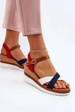 Sandały Na Koturnie Z Paskami Biało-Granatowe Kioda