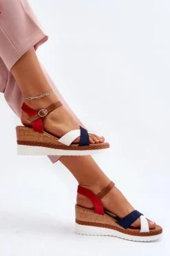 Sandały Na Koturnie Z Paskami Biało-Granatowe Kioda