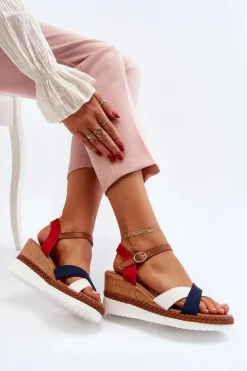 Sandały Na Koturnie Z Paskami Biało-Granatowe Kioda