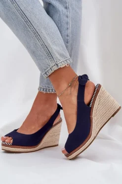 Sandały Na Koturnie Z Plecionką Granatowe Nanalis