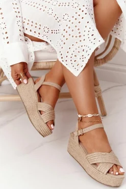 Sandały Na Koturnie Z Plecionką Big Star FF274761 Beżowe