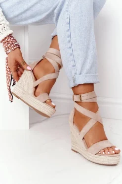 Sandały Na Koturnie Z Plecionką Beżowe Lanzarote
