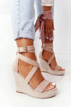 Sandały Na Koturnie Z Plecionką Beżowe Lanzarote