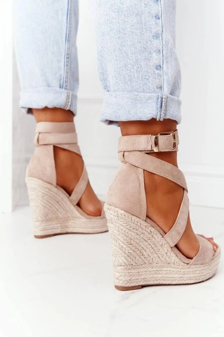 Sandały Na Koturnie Z Plecionką Beżowe Lanzarote