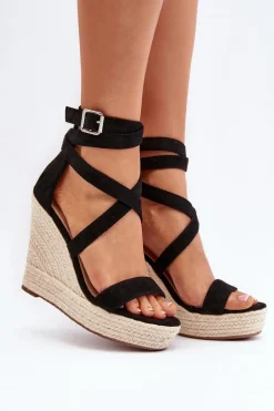 Sandały Na Koturnie Z Plecionką Czarne Salthe