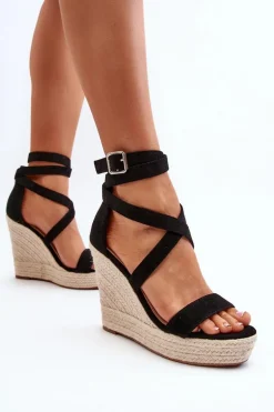 Sandały Na Koturnie Z Plecionką Czarne Salthe