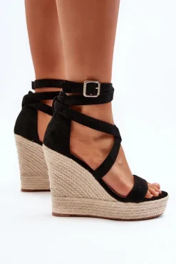 Sandały Na Koturnie Z Plecionką Czarne Salthe