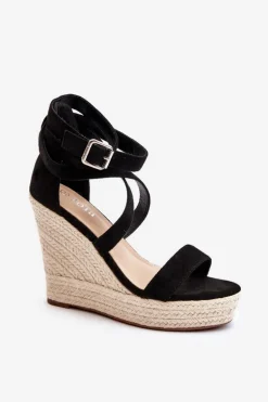 Sandały Na Koturnie Z Plecionką Czarne Salthe