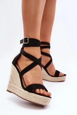 Sandały Na Koturnie Z Plecionką Czarne Salthe