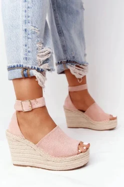 Sandały Na Koturnie Z Plecionką Jasnoróżowe Makenna