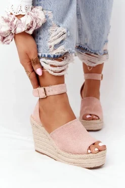 Sandały Na Koturnie Z Plecionką Jasnoróżowe Makenna