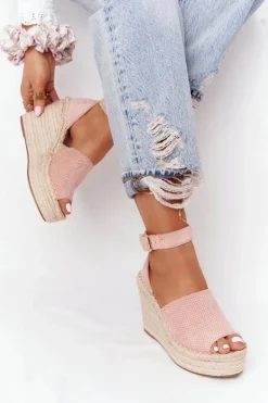 Sandały Na Koturnie Z Plecionką Jasnoróżowe Makenna