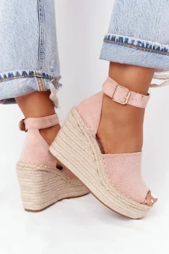 Sandały Na Koturnie Z Plecionką Jasnoróżowe Makenna