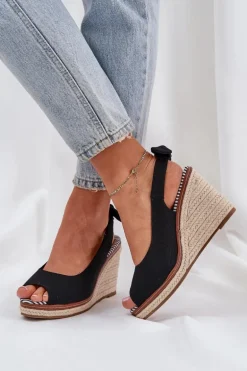 Sandały Na Koturnie Z Plecionką Czarne Nanalis