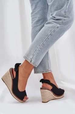 Sandały Na Koturnie Z Plecionką Czarne Nanalis