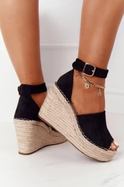Sandały Na Koturnie Z Plecionką Czarne Makenna