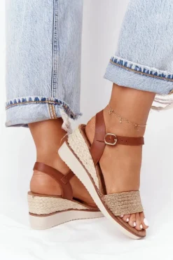 Sandały Na Koturnie Z Plecionką Beżowe Tenerife