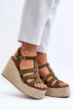 Sandały Na Koturnie Z Plecionką Zielone Gnosis