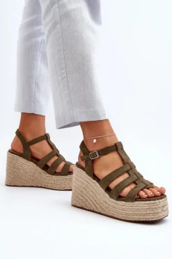 Sandały Na Koturnie Z Plecionką Zielone Gnosis