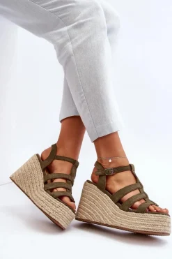 Sandały Na Koturnie Z Plecionką Zielone Gnosis