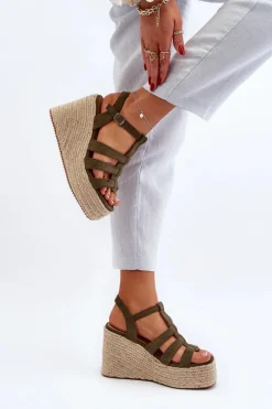 Sandały Na Koturnie Z Plecionką Zielone Gnosis