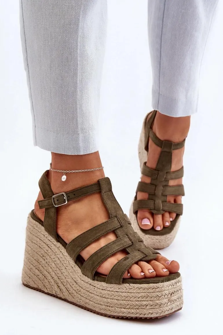 Sandały Na Koturnie Z Plecionką Zielone Gnosis