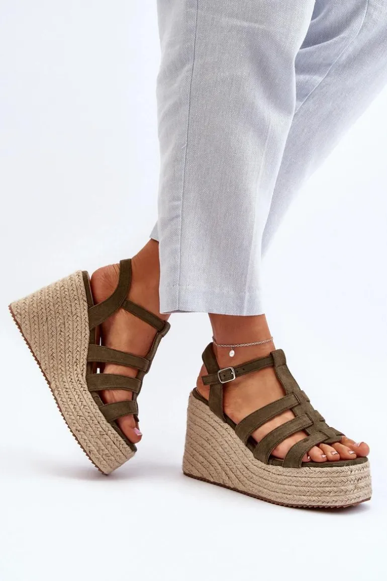 Sandały Na Koturnie Z Plecionką Zielone Gnosis