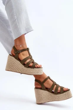 Sandały Na Koturnie Z Plecionką Zielone Gnosis