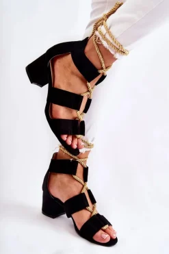 Sandały Na Niskim Obcasie Wiązane Czarne Erisa