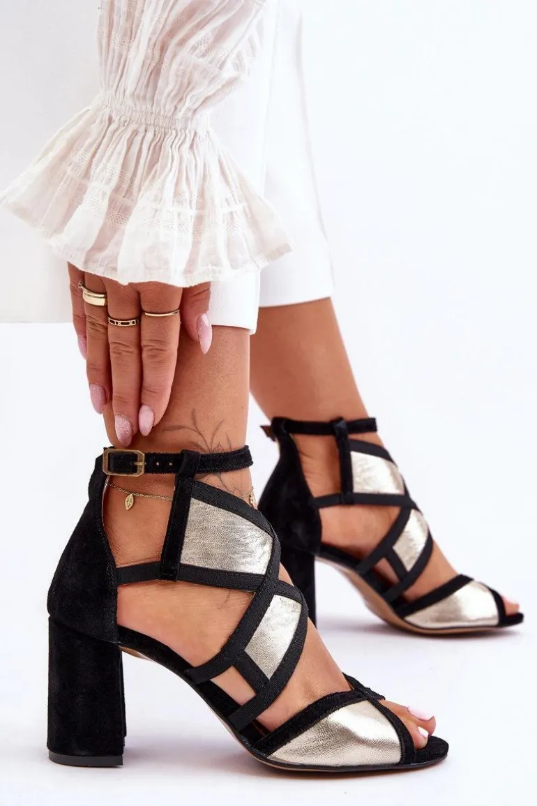 Sandały Na Obcasie Maciejka 05181-25 Złoto-Czarne