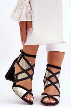 Sandały Na Obcasie Maciejka 05181-25 Złoto-Czarne