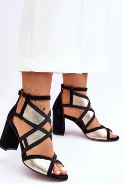 Sandały Na Obcasie Maciejka 05181-25 Złoto-Czarne