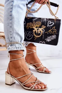 Sandały Na Obcasie Wiązane Złote Meghan