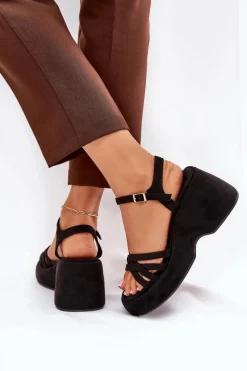 Sandały Na Platformie I Koturnie Z Eko Zamszu Czarne Nendal