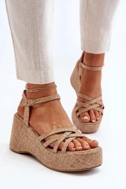 Sandały Na Platformie I Koturnie Beżowe Oporia