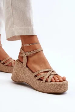 Sandały Na Platformie I Koturnie Beżowe Oporia