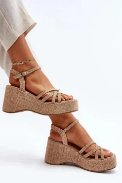 Sandały Na Platformie I Koturnie Beżowe Oporia