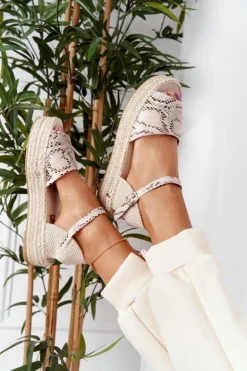 Sandały Na Platformie Z Plecionką Beżowe Wężowy Wzór Megara