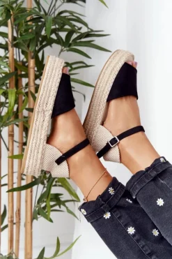 Sandały Na Platformie Z Plecionką Czarne Megara