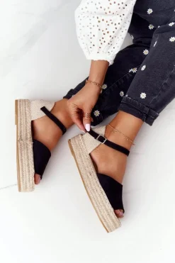 Sandały Na Platformie Z Plecionką Czarne Megara