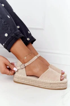 Sandały Na Platformie Z Plecionką Beżowe Megara