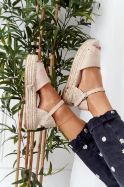 Sandały Na Platformie Z Plecionką Beżowe Megara