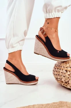Sandały Na Plecionej Koturnie Czarne Tommy