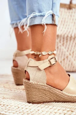 Sandały Na Plecionej Koturnie Złote Maritta